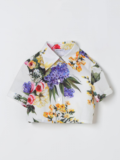 Dolce & Gabbana Kids' Garden Print Poplin Crop Shirt In White