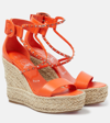 Christian Louboutin Leather Spikes Red Sole Wedge Espadrilles In Orange