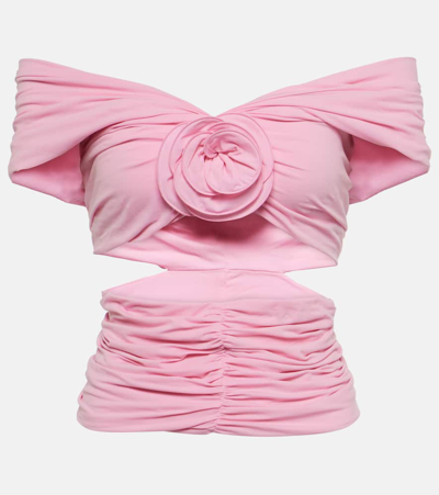 Magda Butrym Floral-appliqué Ruched Off-shoulder Top In Pink