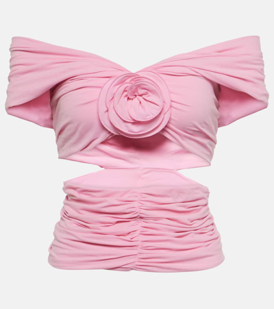 MAGDA BUTRYM FLORAL-APPLIQUÉ RUCHED OFF-SHOULDER TOP