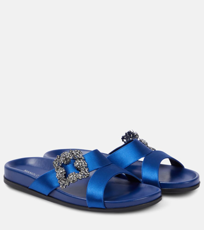 Manolo Blahnik Chilanghi Embellished Satin Sandals In Blue