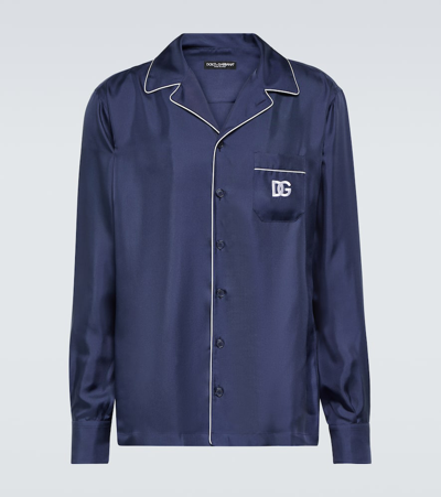 Dolce & Gabbana Embroidered Silk Pajama Shirt In Blue