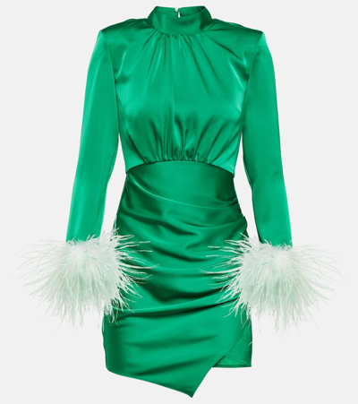Self-portrait Feather-trimmed Cutout Satin Minidress In Green