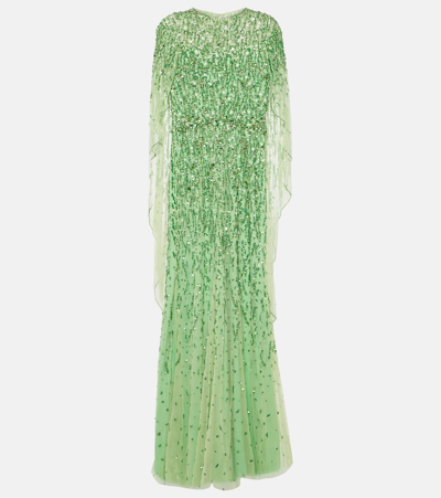Jenny Packham Delphine Cape-effect Embellished Tulle Gown In Green