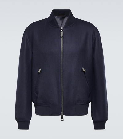 Brioni Wool And Silk Bomber Jacket In Navy/sapphire