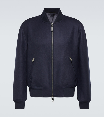 Brioni Wool And Silk Bomber Jacket In Blue