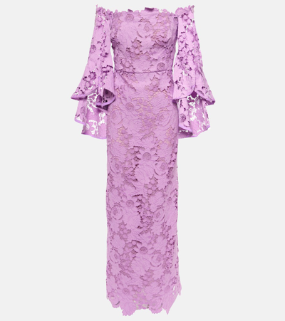 Oscar De La Renta Floral Off-shoulder Lace Gown In Purple