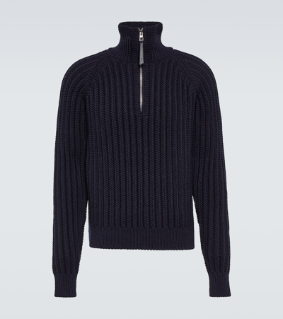 Loewe Ribbed-knit Wool Half-zip Jumper In Blue