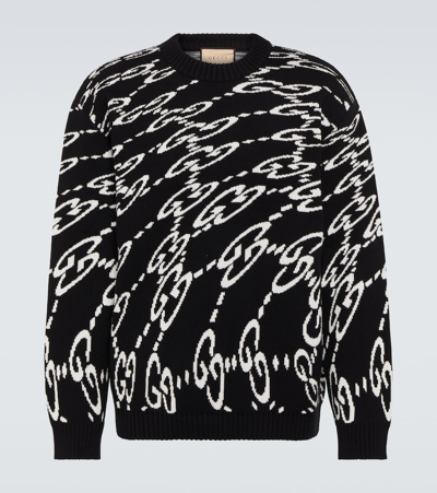 Gucci Wavy Gg Cotton Sweater In Black/ivory