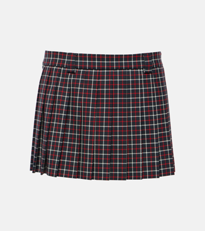 Miu Miu Checked Pleated Virgin Wool Miniskirt In Black