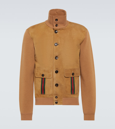 Gucci Web Stripe Suede Bomber Jacket In Camel/mix