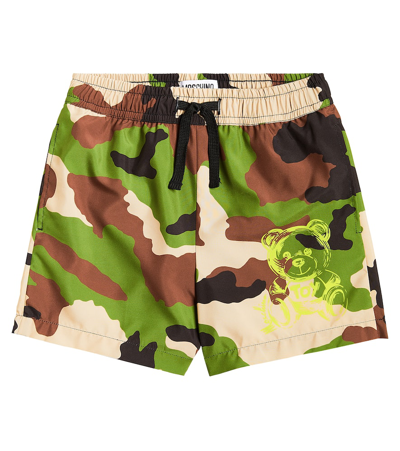 Moschino Kids' Teddy Bear Camouflage Swim Trunks In Green