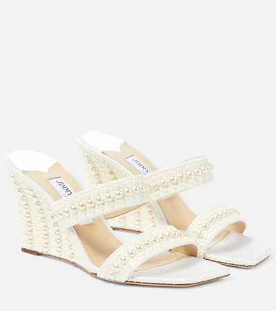 Jimmy Choo Sacoria Pearl-embellished Satin Wedge Sandals In White
