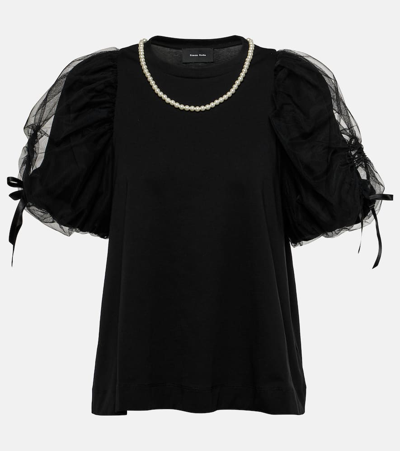 Simone Rocha Puff-sleeve Jersey And Tulle Top In Black/pearl