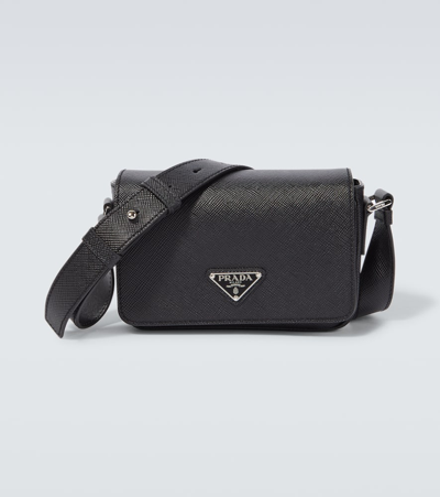Prada Logo Saffiano Leather Shoulder Bag In Black