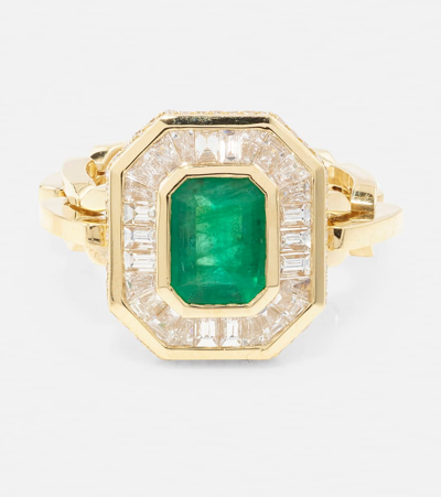 Shay Jewelry Halo Mini 18kt Gold Ring With Emerald And Diamonds In Green
