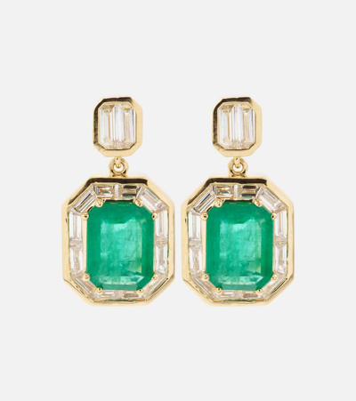 Shay Jewelry Halo 18kt Gold Drop Earrings With Emeralds And Diamonds In Green