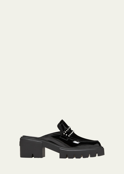 Stuart Weitzman Soho Patent Pearly Penny Loafer Mules In Black