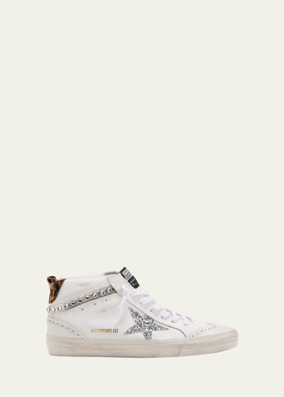 Golden Goose Mid Star Wing-tip Crystal Leather Trainers In White