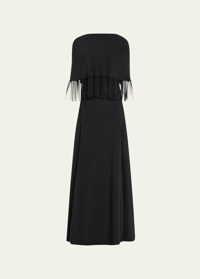 Gabriela Hearst Julius Backless Fringe-trim Cape Silk Dress In Black