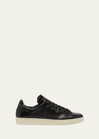 Tom Ford Men's Warwick Croc-embossed Leather Low-top Sneakers In Black Cream