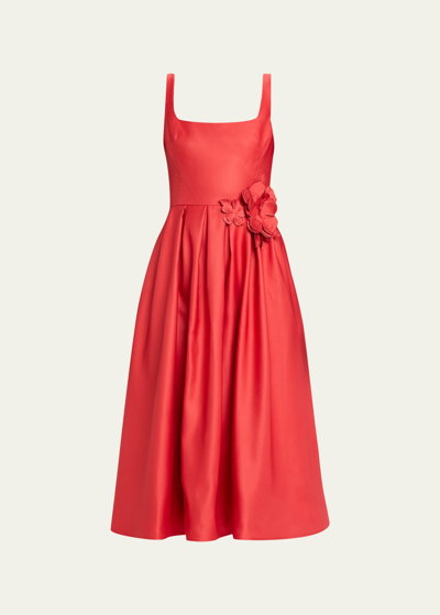 Marchesa Notte Heavy Duchess Satin Midi Dress With Floral Applique Detail In Poppy