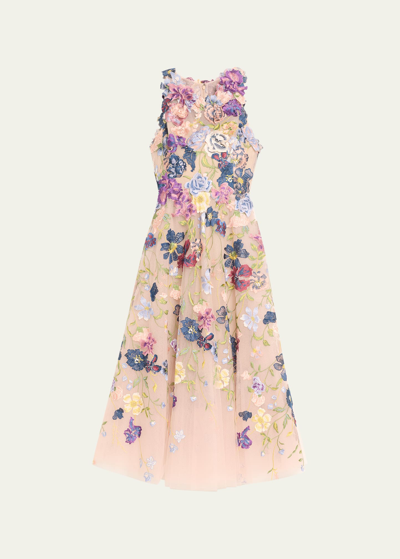 Marchesa Multicolor Floral Embroidered Cocktail Dress With 3d Flower Accents In Blush