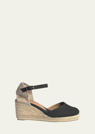 Castaã±er Carol Cotton Ankle-strap Wedge Espadrilles In Negro