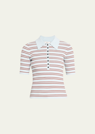 A.l.c Sydney Striped Knit Polo Top In Ice Water & Sequoia