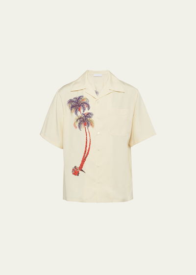 Prada Men's Bowling Shirt With Palm Print In Vaniglia