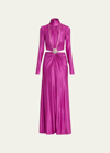Rabanne Long Crystal Brooch Cutout Ruched Dress In Fuchsia