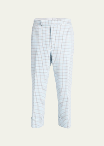Thom Browne Men's Small Check Cuffed Crepe Trousers In Open Blue