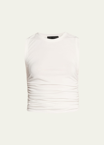 Alice And Olivia Chrissy Crewneck Ruched Crop Top In Off White