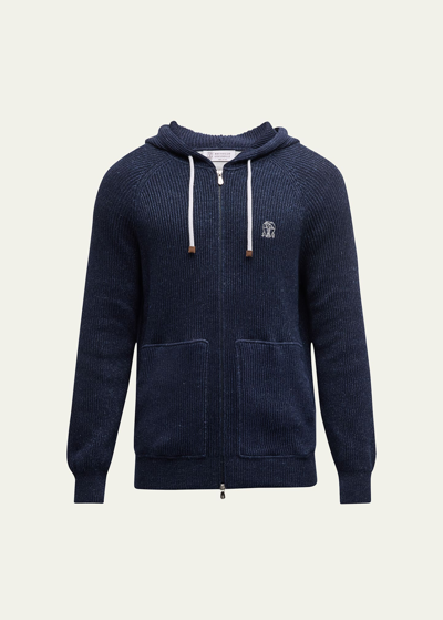 Brunello Cucinelli Men's Ribbed Cotton-linen Hooded Full-zip Sweater In Navy