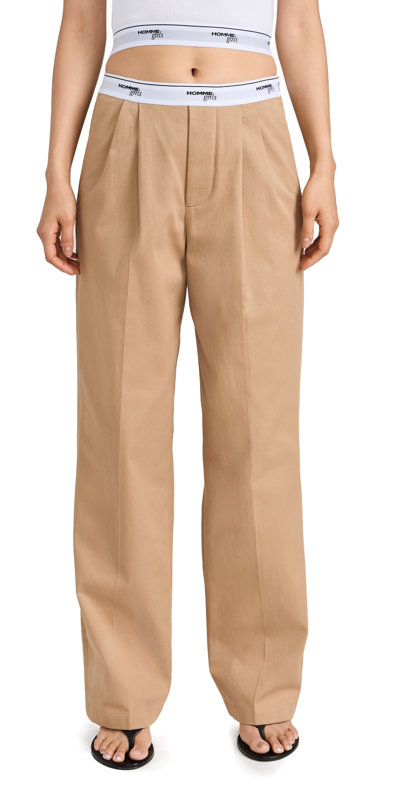 Hommegirls Brown Pleated Trousers In Khaki