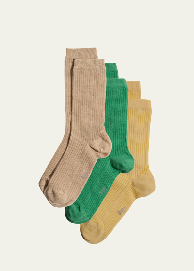 Stems Cashmere-cotton Crew Socks 3-pack In Fern/ochre/gris