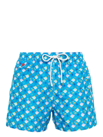 Kiton Printed Swim Shorts In Blue