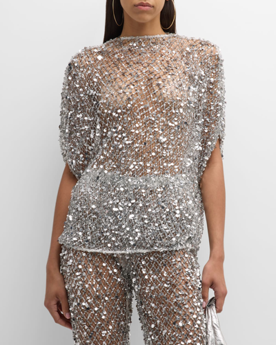 Lapointe Sequined Net Mesh Cape T-shirt In Silver