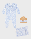 ANGEL DEAR GIRL'S BLUE CALICO SMOCKED FOOTIE WITH BLANKET AND HEADBAND