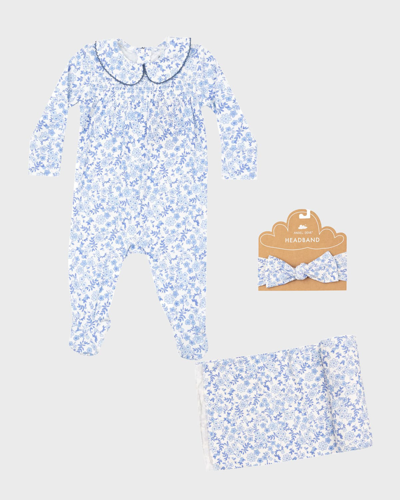 Angel Dear Kids' Girl's Blue Calico Smocked Footie With Blanket And Headband