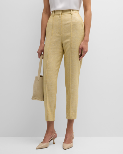 St John High-rise Slim-leg Ankle Zip-hem Metallic Twill Pants In Silver/sunflower Multi