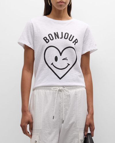 Cinq À Sept Bonjour Smiling Heart Short-sleeve Cotton T-shirt In White Black