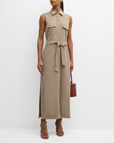 Max Mara Lampo Sleeveless Belted Pique Knit Maxi Shirtdress In Beige