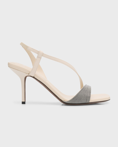Brunello Cucinelli Monili Asymmetrical Slingback Stiletto Sandals In Cqf25 White