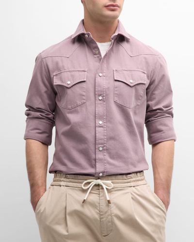Brunello Cucinelli Men's Cotton Snap-front Western Shirt In Purple