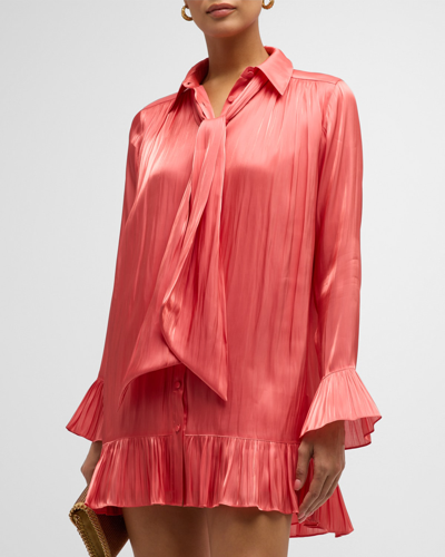 Cinq À Sept Iva Ruffled Neck-tie Mini Shirt Dress In Ardent Coral