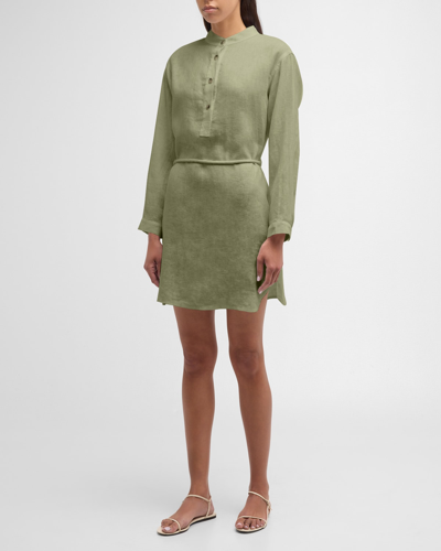 Xirena Dorian Band-collar Tie-waist Linen Mini Dress In Mossy
