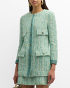 St John Grosgrain-trim Metallic Slub And Tape Tweed Jacket In Jade Multi