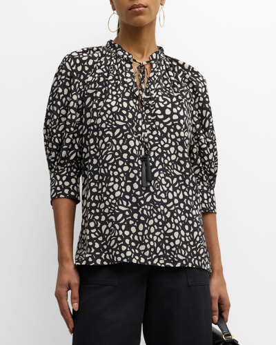 Max Mara Emy Abstract-print Short-sleeve Neck-tie Silk Blouse In Black