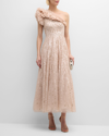 NEEDLE & THREAD RAINDROP ONE-SHOULDER SEQUIN RUFFLE TULLE GOWN